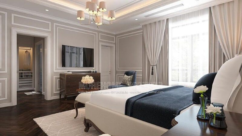 Sắp xếp nội thất phòng ngủ vợ chồng tân cổ điển sử dụng tone trắng chủ đạo sẽ là lựa chọn ấn tượng cho gia chủ mệnh Kim.