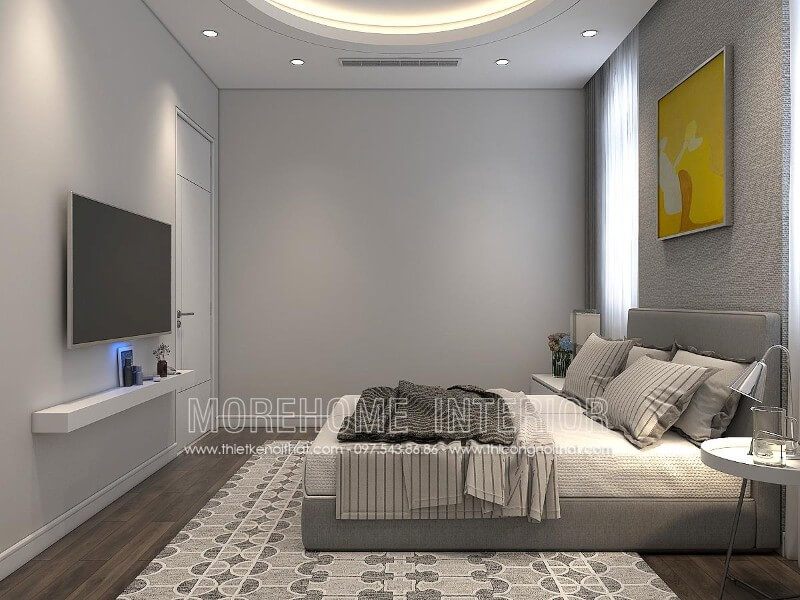 Mẫu giường ngủ đẹp hiện đại với thiết kế vuông vức, bọc vải màu xám nhẹ nhàng sẽ giúp gia chủ có những giấc ngủ yên bình và thoải mái mà không gây nhức mắt.